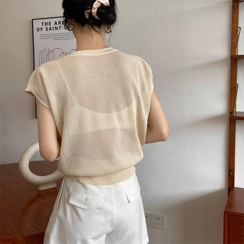 Hollow T-shirt Chain Women Summer New Solid Color Short Sleeve Knitted Tops Female 2022