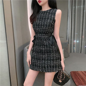 Women Tweed Dress Sleeveless Lace-up Bow O-Neck Plaid Classic Short Dress