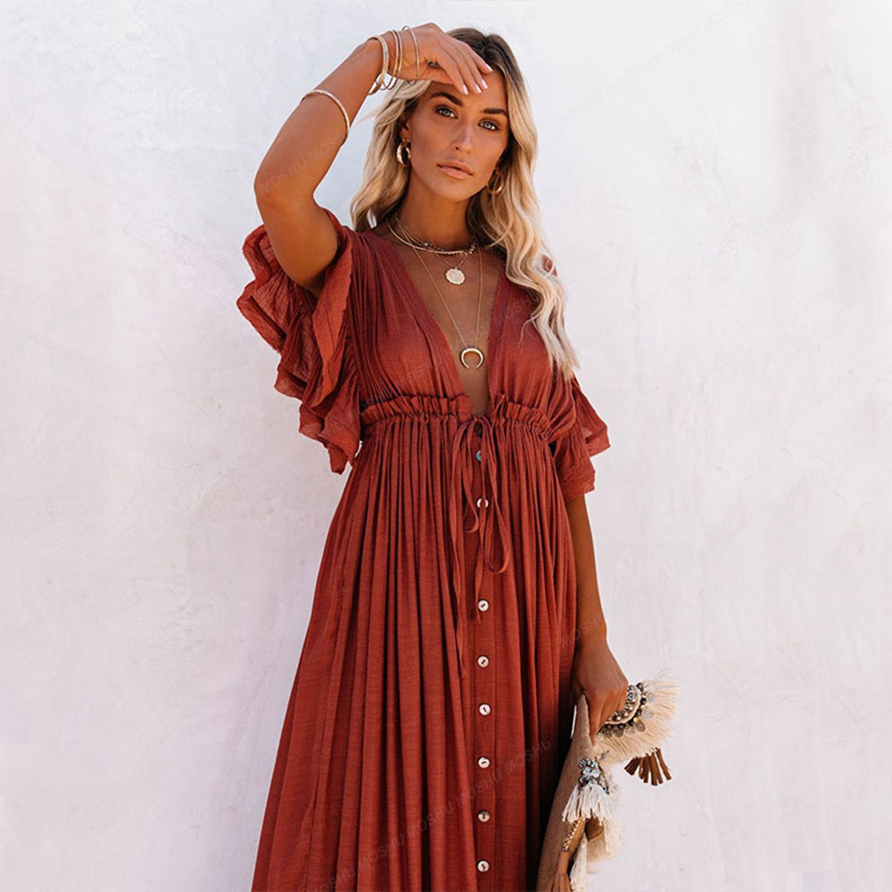 Maxi abito da spiaggia estivo da donna Boho lungo bikini copre abiti casual con scollo a V a vita alta