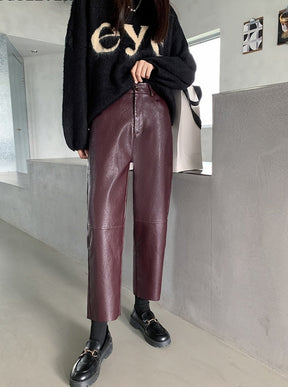 Spring Autumn PU Leather Pants Women High Waist Pockets Faux Leather Harem Pants