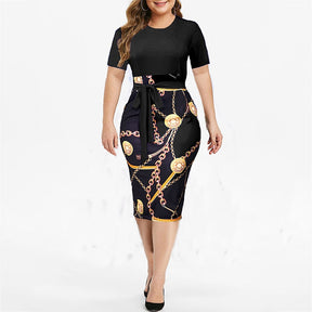 Vintage Print Plus Size Knee-length Dress Womens Summer Short Sleeve Midi Elegant Dresses