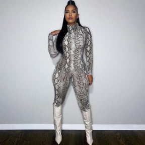 Snake Print Turtleneck Long Sleeve Zip Up Sexy Bodycon Jumpsuit Streetwear