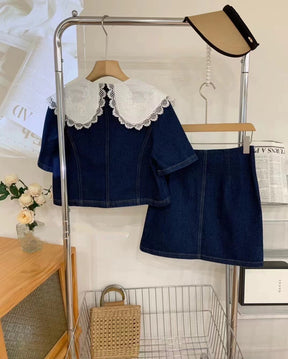 Abito estivo dolce in denim con colletto Peter Pan in pizzo Top monopetto + gonne a trapezio a vita alta