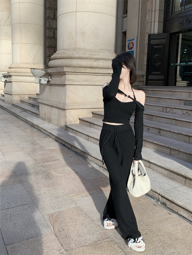 Off Shoulder Tops Women Skinny Slash Neck Halterneck Knitted Shirts y2k Summer 2022