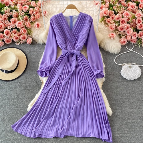 Slim Dress Elegant A Line V Neck Puff Sleeve Chiffon Pullover Mid-Calf Dresses