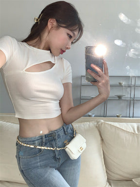 T Shirt Women Summer Hollow Crewneck Cropped Tops Irregular Tight Fitting Short Sleeve