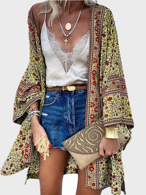 Cardigan Women Bohemian Floral Printed Blouse Open Front Loose Beach Tops Vintage Long Sleeve