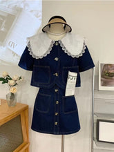 Summer Sweet Denim Suit Lace Peter Pan Collar Single Breasted Tops+high Waist A-line Skirts