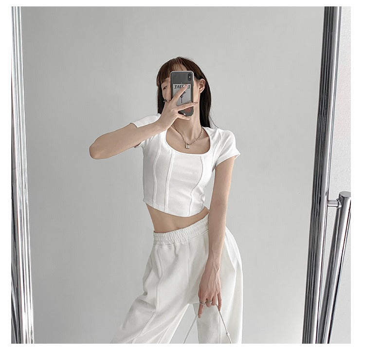 Vintaege Y2K Tops Women Summer Square Collar Short Sleeve T-shirt Fishbone Line Slim Crop