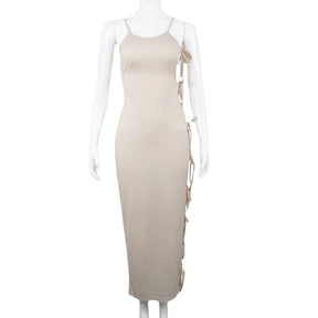 Side Hollow Out Bandage Long Dress Streetwear Beige Lace-up Sapghetti Strap Vestito