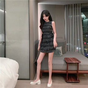 Women Tweed Dress Sleeveless Lace-up Bow O-Neck Plaid Classic Short Dress