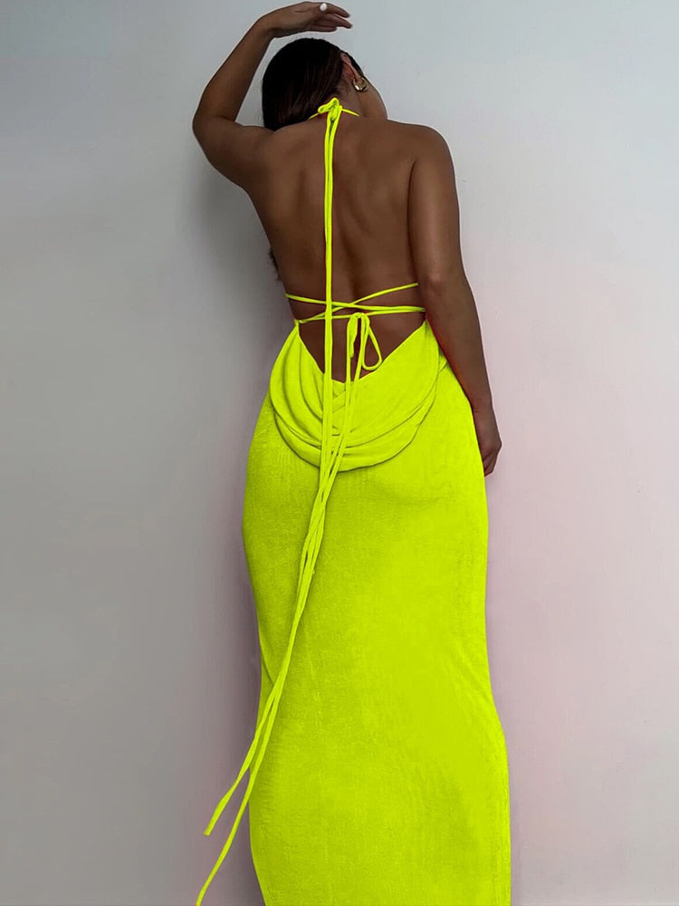 Collar Backless Sleeveless Drawstrings Hollow Out Slit Sexy Maxi Prom Dress