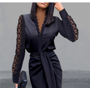 Dress Women Popular Sexy Dress V-neck Lace Long Sleeve Black Elegant Party Dresses