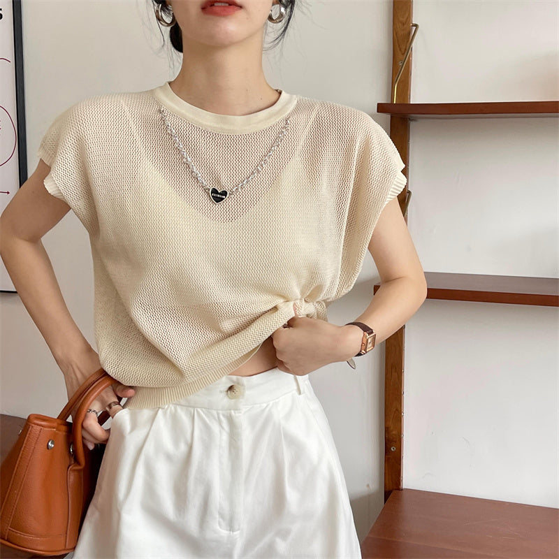 Hollow T-shirt Chain Women Summer New Solid Color Short Sleeve Knitted Tops Female 2022