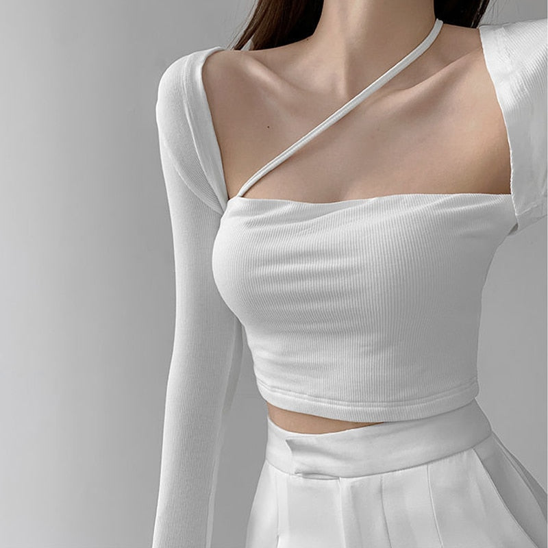 Cropped Tops Women Square Collar Slanted Shoulder Straps Halter Neck Long Sleeve T-shirt