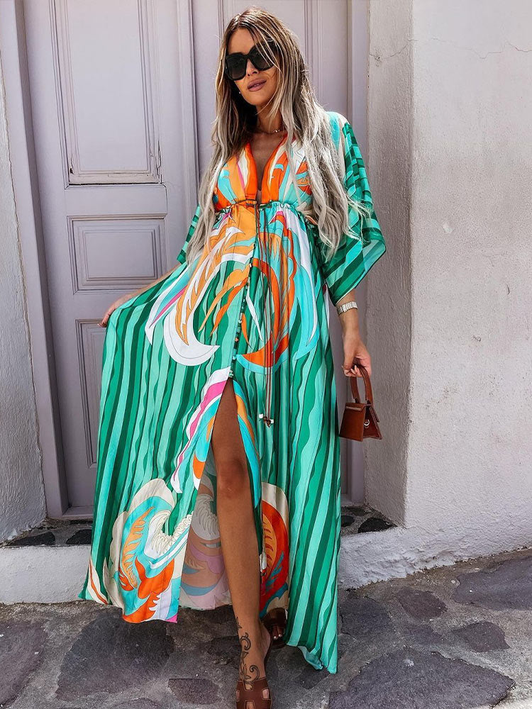 Bikini Cover Ups Print Maxi Dress for Women Summer Bohemian Beach Sexy Floral Tunic Long Dress