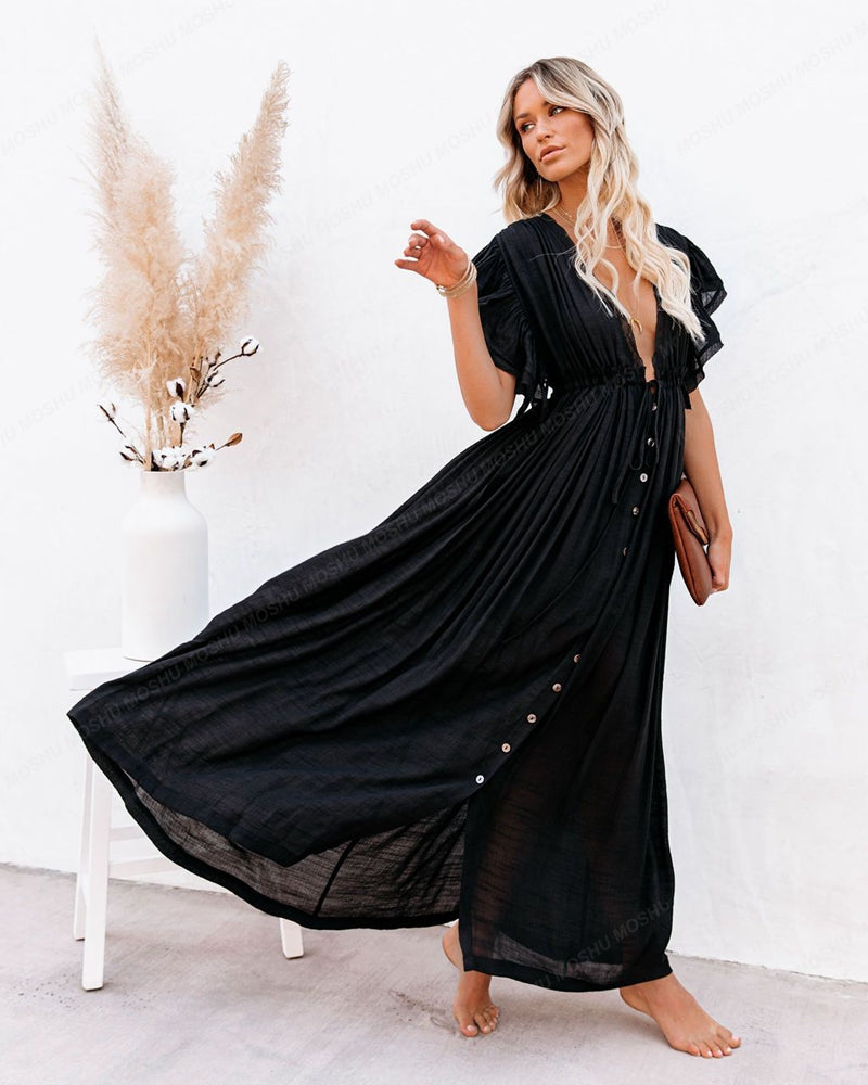 Maxi abito da spiaggia estivo da donna Boho lungo bikini copre abiti casual con scollo a V a vita alta