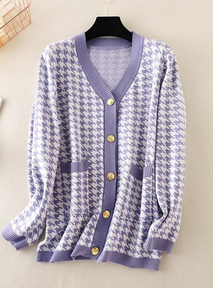 V-neck Striped Cardigans Sweaters Long Sleeve Loose Knitted Open Stitch Outwear