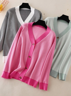 V-neck Striped Cardigans Sweaters Long Sleeve Loose Knitted Open Stitch Outwear