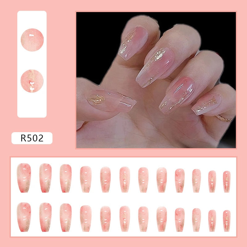 24Pcs/Box Charming Pink Flame Short Fake Nails press on Square Head Full Cover Detachable