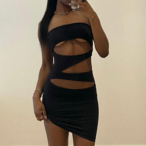 Off Shoulder Strapless Solid Hollow Out Mini Prom Dress Sexy Skinny