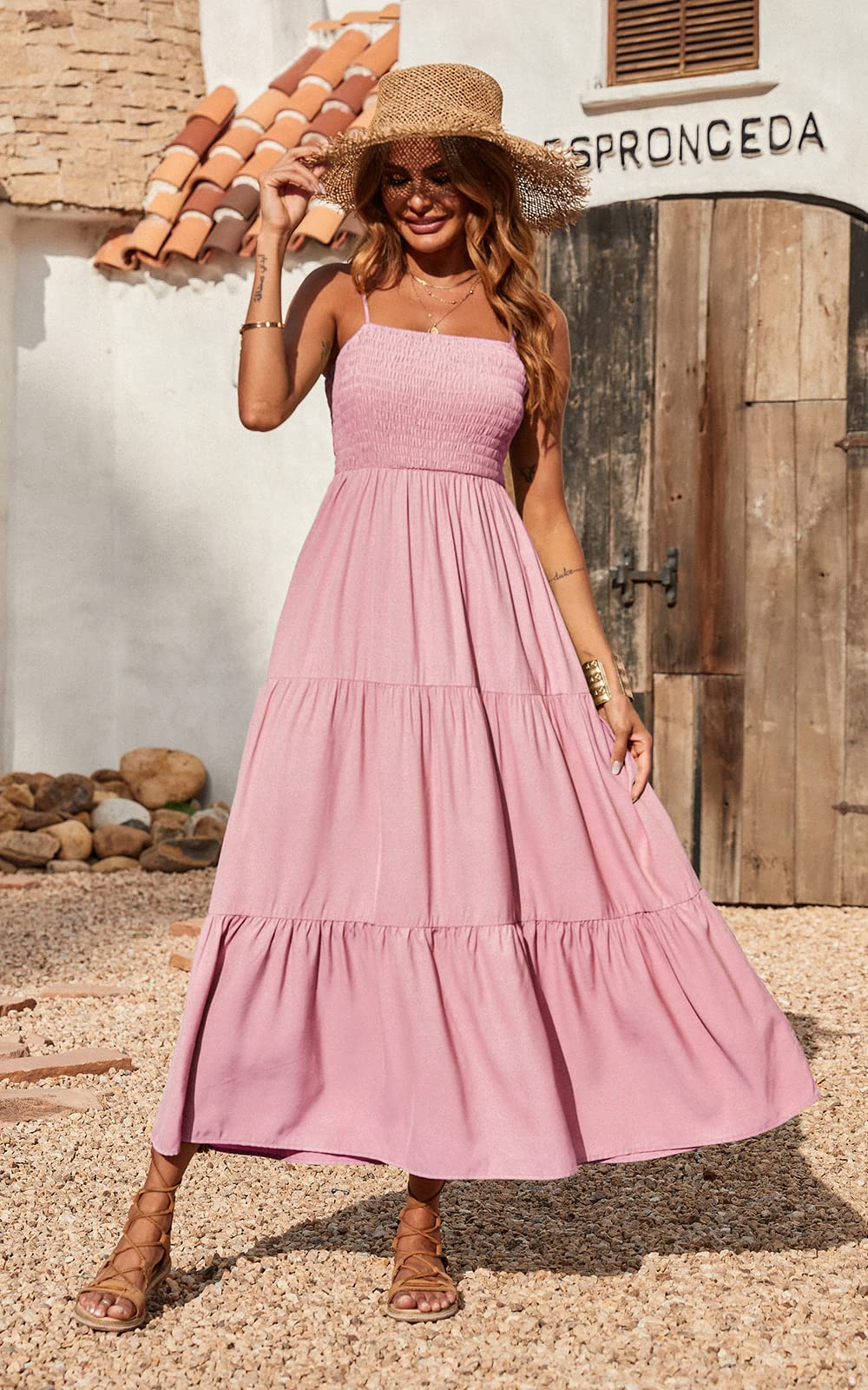 Spaghettiträger Maxikleid Damen Sommer ärmellos gesmokt Boho Long Beach Kleid Sommerkleider