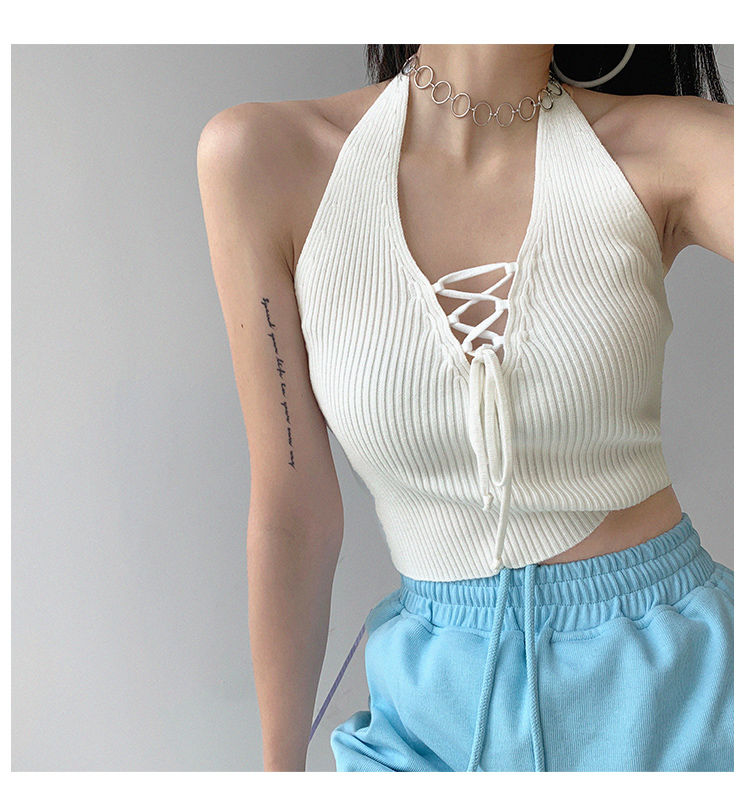 Y2K Women Fashion Slim V-neck Halter Vest Solid Color Woman Bandage Crop Tops