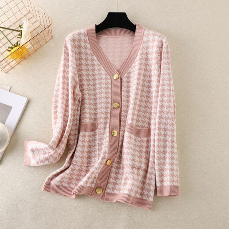 V-neck Striped Cardigans Sweaters Long Sleeve Loose Knitted Open Stitch Outwear