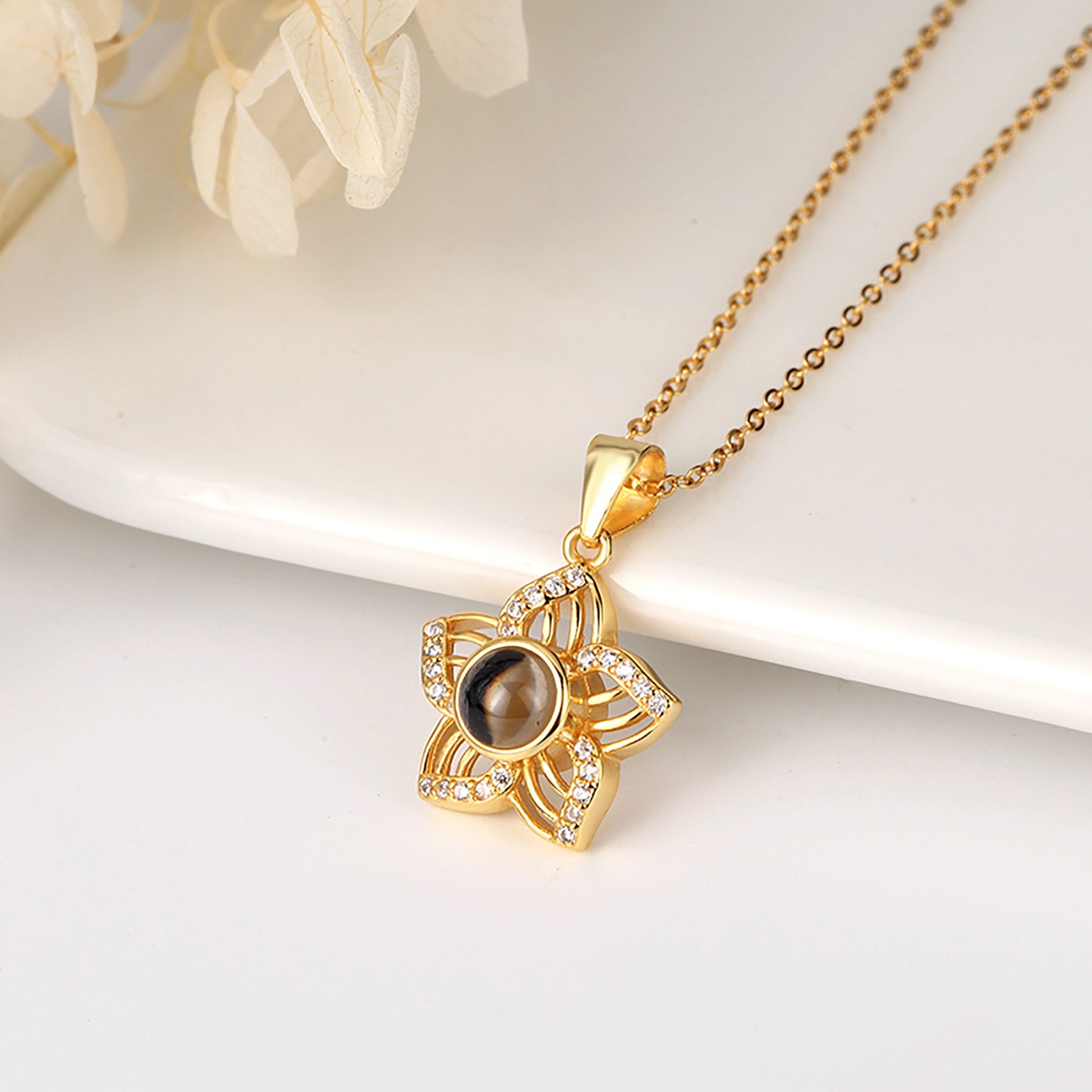 Customized Crystal Flower Photo Projection Pendant Necklace Personalized