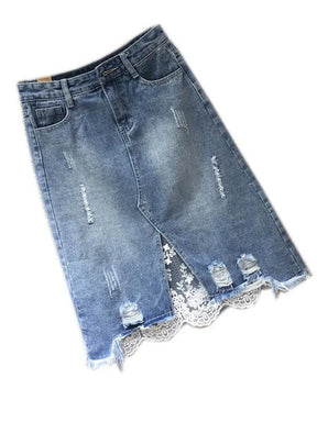 Spring Women Denim Skirts Casual Lace Irregular A-line Skirts