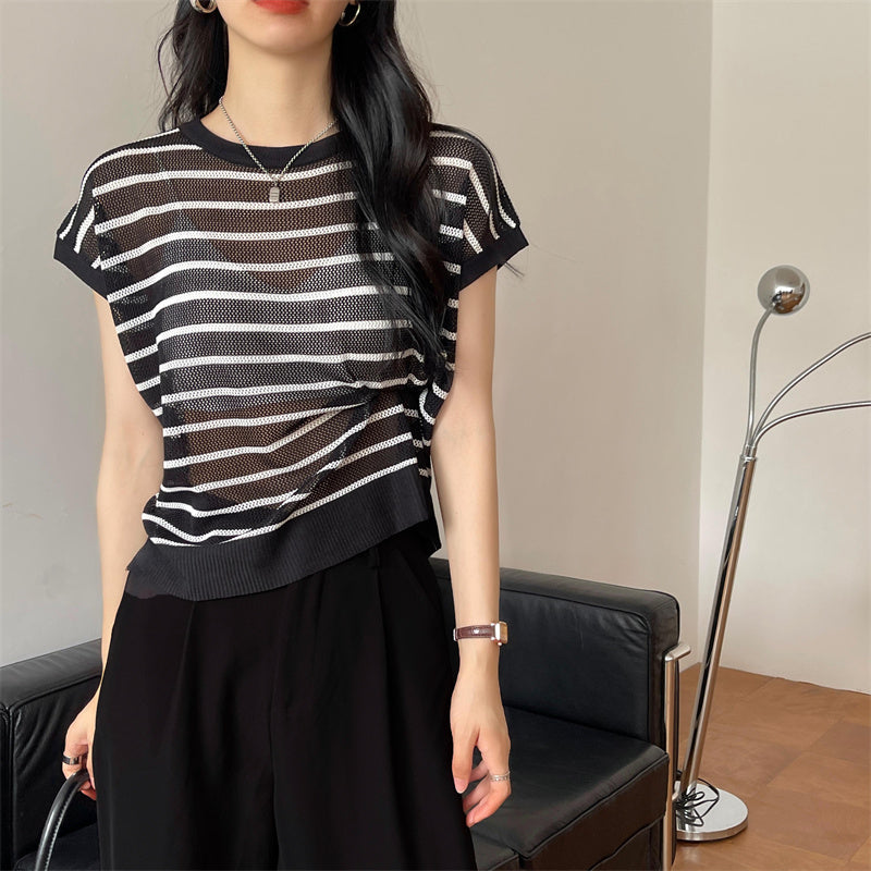 Hollow T-shirt Chain Women Summer New Solid Color Short Sleeve Knitted Tops Female 2022