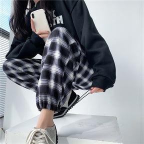 Plaid Pants Women High Waist Drawstring Loose Straight Baggy Pants 2022 Spring and Summer