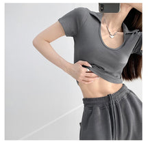 Y2K Tops Women U-shaped Lapel Short Sleeve Tees Summer High Waist Thread Crop Top