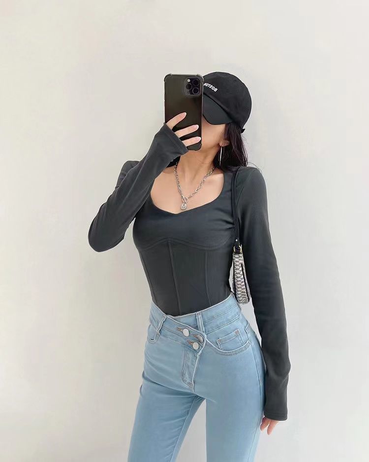 High Waist Cropped Tops Women Fashion Square Neck Long Sleeve T-Shirt Slim Basic Y2K Tees