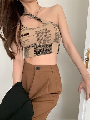 Newspaper Print Camisole Women Slanted Shoulder Hollow Sleeveless Tops Beautiful Back Woman