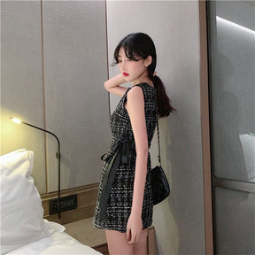 Women Tweed Dress Sleeveless Lace-up Bow O-Neck Plaid Classic Short Dress