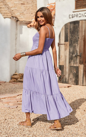 Spaghettiträger Maxikleid Damen Sommer ärmellos gesmokt Boho Long Beach Kleid Sommerkleider