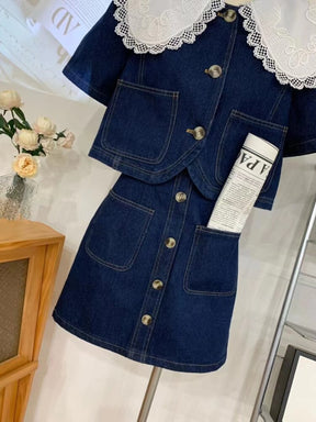 Summer Sweet Denim Suit Lace Peter Pan Collar Single Breasted Tops+high Waist A-line Skirts