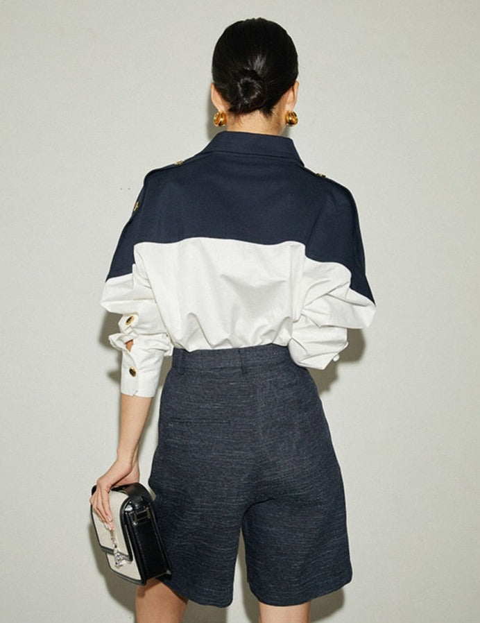 Patchwork Lapel Women Shirts Long Sleeve Single-breasted Loose Female Blouses