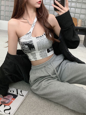 Newspaper Print Camisole Women Slanted Shoulder Hollow Sleeveless Tops Beautiful Back Woman