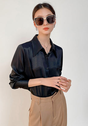 Turn-down Collar Solid Blouses Women Full Sleeve Loose Single-breasted Satin Shirts