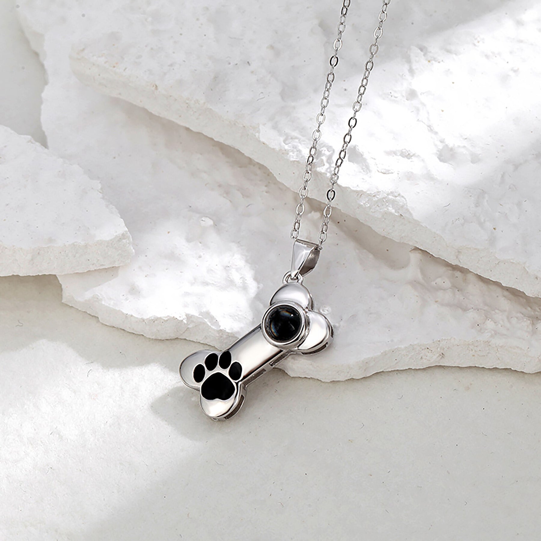 Customizable Photo Dog Bone Necklace Silver Shiny Dog Bone Chain Necklace