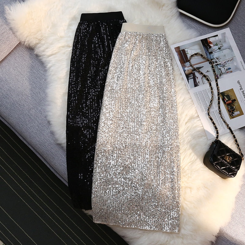 Sequin Long Skirt Women Summer High Waist Elastic Wraps Skirts Female Fashion Elegant