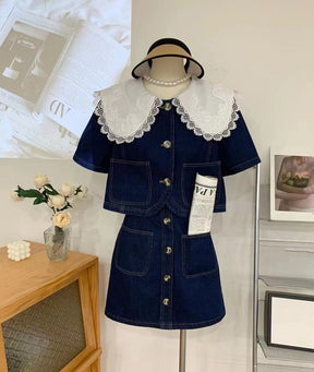 Summer Sweet Denim Suit Lace Peter Pan Collar Single Breasted Tops+high Waist A-line Skirts