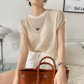 Hollow T-shirt Chain Women Summer New Solid Color Short Sleeve Knitted Tops Female 2022