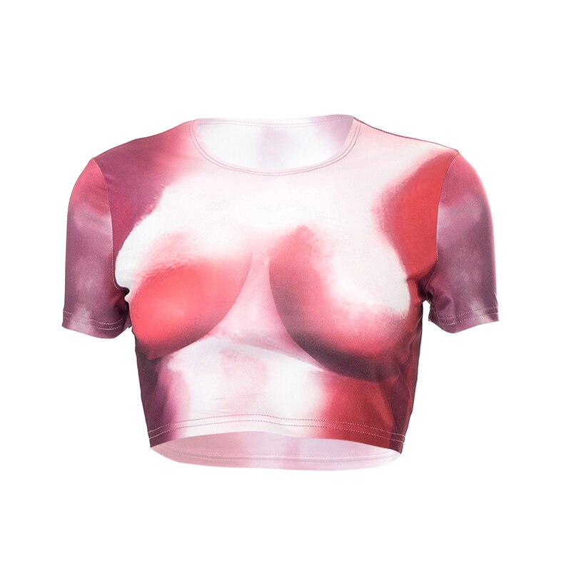 Tie Dye Print O Neck Short Sleeves Crop Top T Shirt Slim