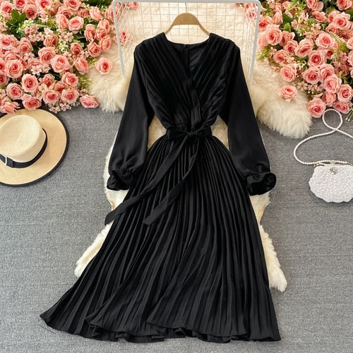 Slim Dress Elegant A Line V Neck Puff Sleeve Chiffon Pullover Mid-Calf Dresses