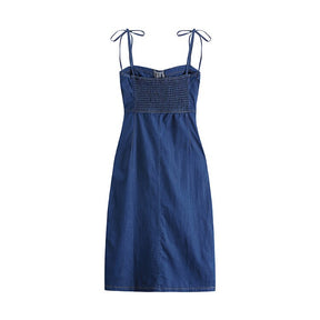 Summer Women Sexy Slip Denim Dress Strapless Lace-up High Waist Dress