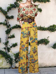 2022 Summer Pattern Print Jumpsuit Off Shoulder Romper Women  Wide Leg Pant Playsuit