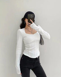 High Waist Cropped Tops Women Fashion Square Neck Long Sleeve T-Shirt Slim Basic Y2K Tees